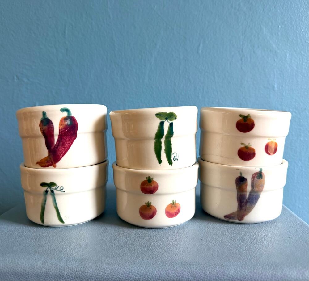 Vintage Hartstone Pottery Farmer's Market Ramekins - Set of 6, Hand-Painted